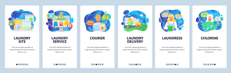 Mobile app onboarding screens. Online laundry service, delivery, ccleaning, washing clothes. Menu vector banner template for website and mobile development. Web site design flat illustration