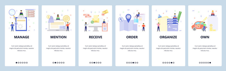 Mobile app onboarding screens. Business management, email notification, folders organization. Menu vector banner template for website and mobile development. Web site design flat illustration