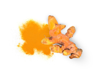 Top view (flat lay) of finely dry Turmeric (Curcuma longa Linn) with rhizome (root) sliced isolated on white background