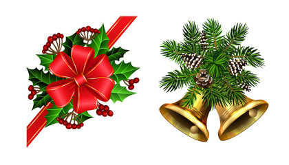 Christmas decorations with fir tree golden jingle bells