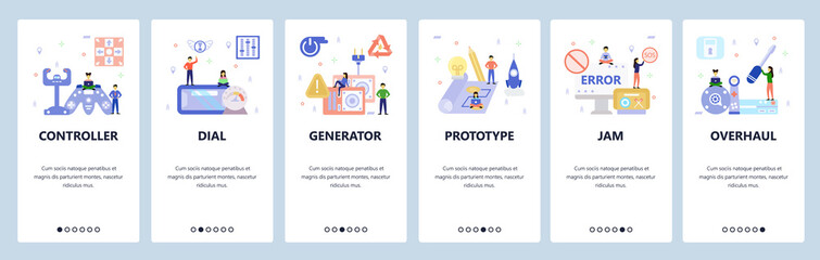 Mobile app onboarding screens. Computer error, hardware repair, prototype, VR concole, gaming controller. Vector banner template for website and mobile development. Web site design flat illustration © skypicsstudio