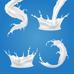 Set of 3D vector illustrations milk splash and pouring, realistic natural dairy products, yogurt or cream, isolated on blue background.