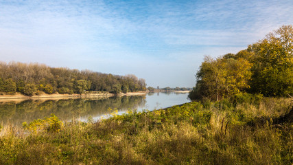 on the sandy bank of the Kuban river on an autumn sunny day in Novebmer. The surrounding forest has almost completely lost foliage. Blue sky. The river has become shallow in anticipation of winter