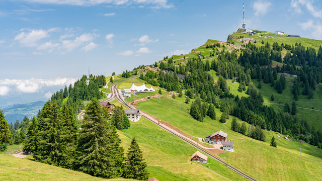 Switzerland, Panoramic view on green Rigi Kulm in summer