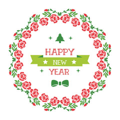 Pattern red flower frame background and green leaves, for greeting card design happy new year. Vector