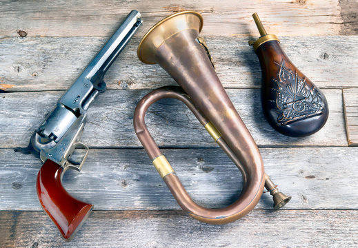 Antique Pistol ,Brass Bugel and Gunpowder Flask.