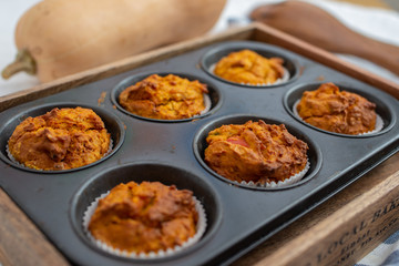 Home made Autumn Pumpkin Spice Muffins on a table