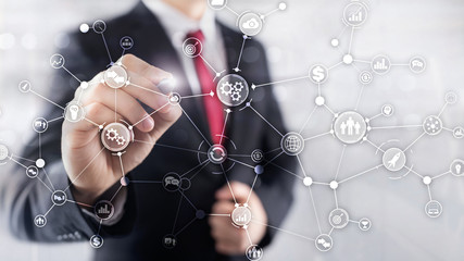 Business process structure industrial workflow diagram automation innovation concept on virtual screen mixed media.