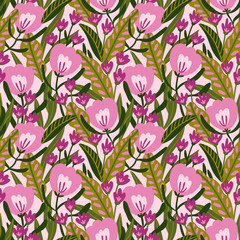 Seamless pattern with  exotic flowers and tropical leaves in  hand drawn style.  Vector fashion repeated design for wallpaper, wrap paper or fabric.