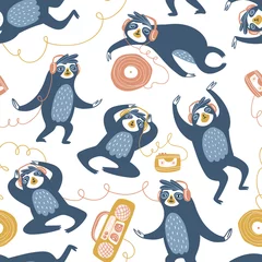 Wallpaper murals Sloths Cool sloths at the party, listening to music, dancing and sleeping. Vector seamless pattern design. Hand drawn cute animals isolated on the white background.