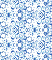 Blue kaleidoscope seamless pattern. Geometric abstraction on white background. Useful as design element for texture and artistic compositions.