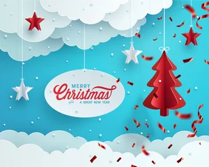 Fotobehang Kerst wenskaart ontwerp. Papieren decoratie en wolken tegen blauwe achtergrond. vectorillustratie © blinkblink