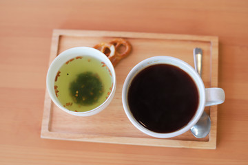 top view of hot black coffee with tea for healthy drinking 