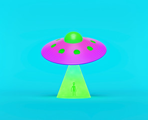cartoon style UFO. flying Alien spaceship isolated on blue background. minimalism concept. 3d rendering