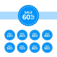 Sale tags set vector badges template, up to 10, 20, 30, 40, 50, 60, 70, 80, 90 percent off. Templates ready for use in advertising design, web and print design. Blue flat discount banners or stickers.