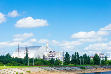 Chernobyl sarcophagus over the 4th reactor, Ukraine. Chernobyl nuclear power plant.