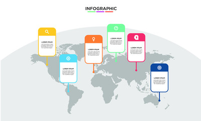 Six 6 Options infographic with world map background icon. step chart workflow  element Plan Slide Template with isolated background theme
