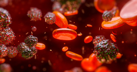 3d render electron microscope of red blood cells and other bodies or virus - obrazy, fototapety, plakaty