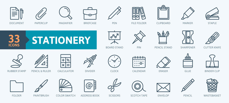 Office stationery - minimal thin line web icon set. Outline icons collection. Simple vector illustration.