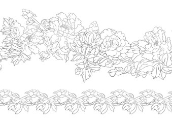 Peony tree branch with flowers in the style of Chinese painting on silk Seamless pattern, background. Outline hand drawing vector illustration..