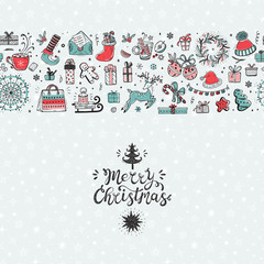 Merry Christmas seamless pattern horizontal border. Xmas greeting Card Template. Happy Winter Holidays poster. New year. Vector Christmas Holiday banner