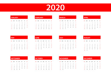 2020 Red Calendar On White Background