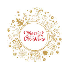 Merry Christmas. Holiday Vector Round Frame of Christmas decorations with hand lettering calligraphic. Xmas greeting Card Template. Happy Winter Holidays poster. Christmas wreath. New Year