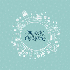 Merry Christmas. Holiday Vector Round Frame of Hand Drawn Doodle Gift boxes with hand lettering calligraphic. Xmas greeting Card Template. Happy Winter Holidays poster. Christmas wreath. New Year