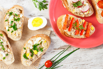 Sandwiches and baguette with mackerel or tuna fish paste