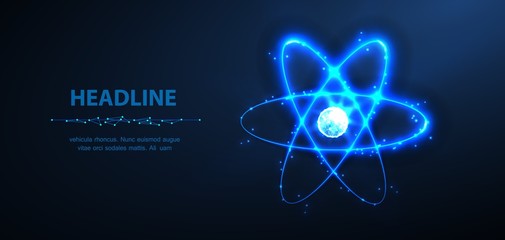 Atom. Abstract vector 3d phisics molecule atom model isolated on blue. Chemistry science, research atomic power, scientific education concept. - obrazy, fototapety, plakaty