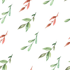 Watercolor winter Сhristmas pattern with leaves and branches large