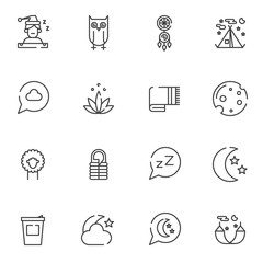 Sleep line icons set. linear style symbols collection, outline signs pack. vector graphics. Set includes icons as dream catcher, moon with stars, hammock, sleeping bag, owl, camping tent, dream