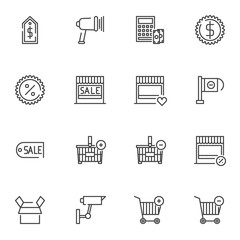 Shopping line icons set. linear style symbols collection, outline signs pack. vector graphics. Set includes icons as price tag, sale badge, shopping basket, money payment, store shop, percent discount