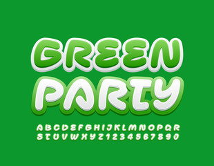 Vector colorful Sign Green Party. White and Green Alphabet Letters and Numbers. Bright Creative Font