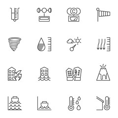 Natural Disaster line icons set. linear style symbols collection outline signs pack. vector graphics. Set includes icons as weather forecast, tornado, volcano eruption, earthquake, flood, tsunami