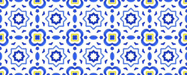 Antique portuguese tiles. Blue Azulejos ceramic. Spanish pottery. Sicily italian majolica. Vintage ethnic background . Mediterranean watercolor seamless wallpaper. Moroccan ornaments in indigo colors