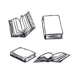 Books hand drawn. Open diary, library textbook with empty pages isolated on white background. Closed notebook or book. Literature reading.
