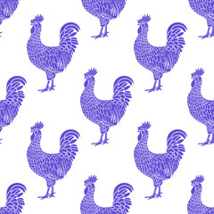 Rooster Pattern. Hen or chicken hand drawn with contour lines on white background. Elegant monochrome drawing of domestic farm poultry bird. Vector