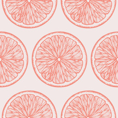 Hand drawn orange seamless pattern. Vintage vector background with orange slices 