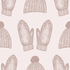 Hand drawn mittens and hat seamless pattern. Winter vintage vector background
