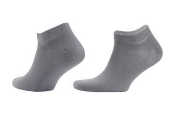 Blank grey cotton sport short socks on invisible foot isolated on white background as mock up for advertising, branding, design, front side, side view, template.