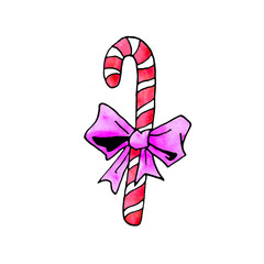 Watercolor candy cane, sweets, lollipop. New year Xmas holidays line art, doodle, sketch, hand drawn. Simple color illustration for greeting cards, invitation cards, calendars, prints, childrens book
