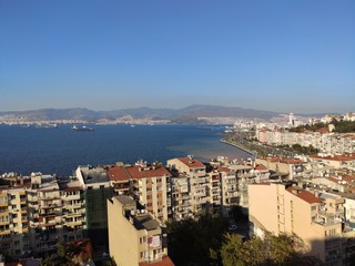Fototapeta na wymiar Izmir city view of the Izmir Bay. View from the tower asansor. Turkey