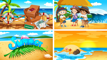 Obraz na płótnie Canvas Four background scenes with summer on the beach