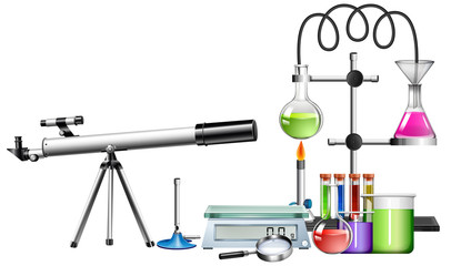 Set of science equipments on white background