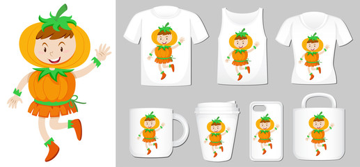 Graphic of kid in pumpkin costume on different product templates