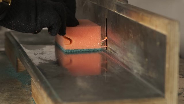 Outdated production of household goods, workshop for manufacture of paralon sponges, kitchen utensils for washing dishes, red-hot spiral cuts paralon, curly trim, technological process, heat treatment