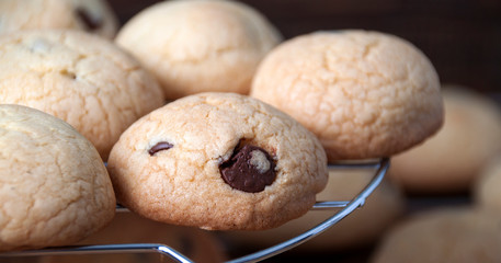   Chocolate chip cookies on metal grid