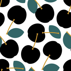 Seamless pattern of elegant black cherries, fruits, apples, berries