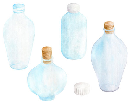 Watercolor glass bottles set. Hand drawn collection of transparent flasks for water, aromatherapy, essential oil, potion isolated on white background. Elements for design and decoration.